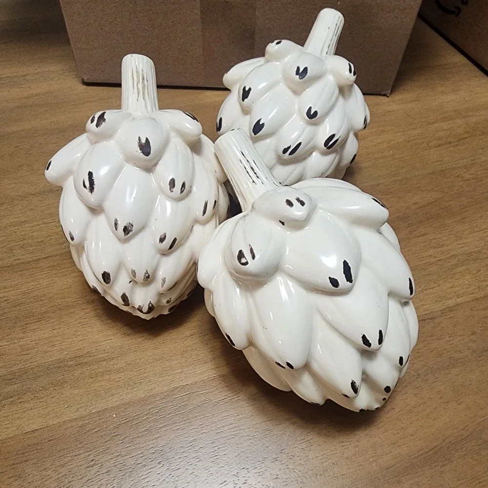 3- Vintage Ceramic Artichoke Figurine Cream Distressed Faux Vegetable Decor